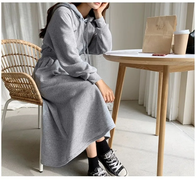 Koreanischer Stil, Herbst-Winter-Kapuzen-Sweatshirt-Kleid, Übergröße, tailliert, einfarbig, langes Kleid für Studentinnen und Frauen, lässig – Detail 8