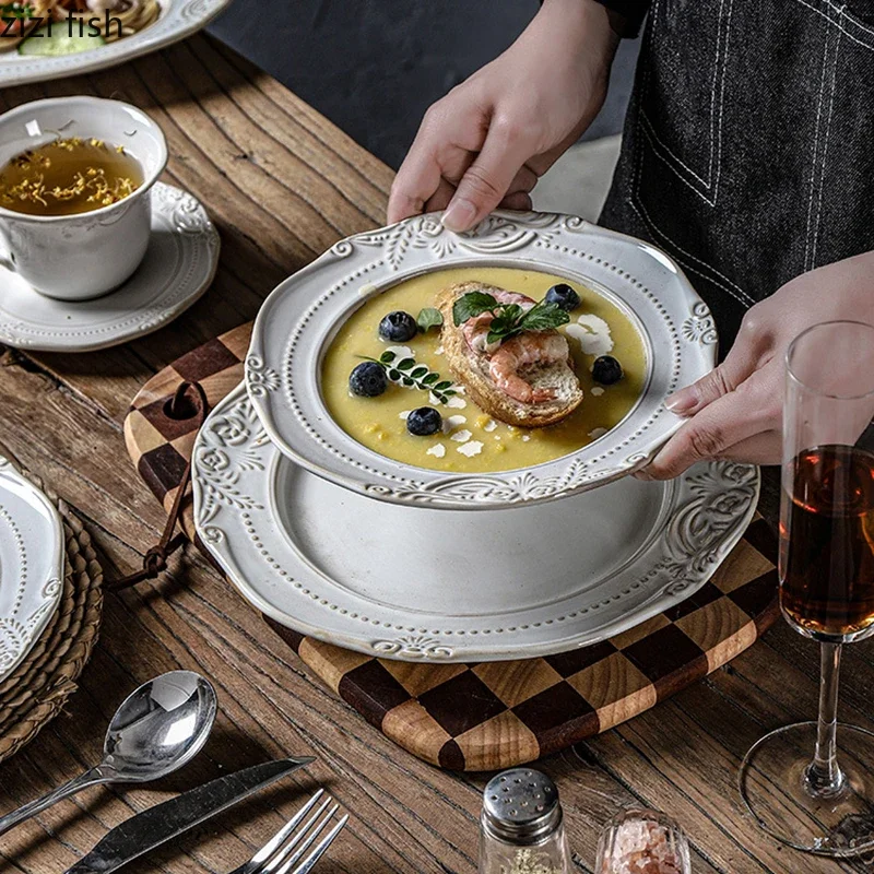 

Court Style Relief Ceramic Plate Steak Plate Dessert Cake Dish Fish Plate Serving Plates Molecular Cuisine Restaurant Tableware