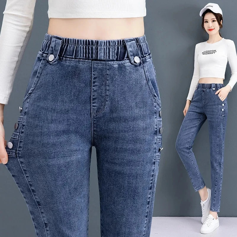 Jeans Lápis Magro de Cintura Alta Femme Coreano Stretch Vaqueros Casual Streetwear Magro Calças Denim Botão Pantalones Jeansy Vintage