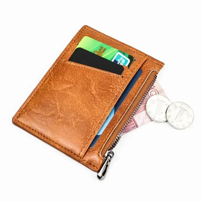 Vintage męski portfel skórzany krótki, szczupły portfel męski pieniądze etui na karty kredytowe portfel męski saszetka na pieniądze zamek błyskawiczny portmonetka — zdjęcie 3