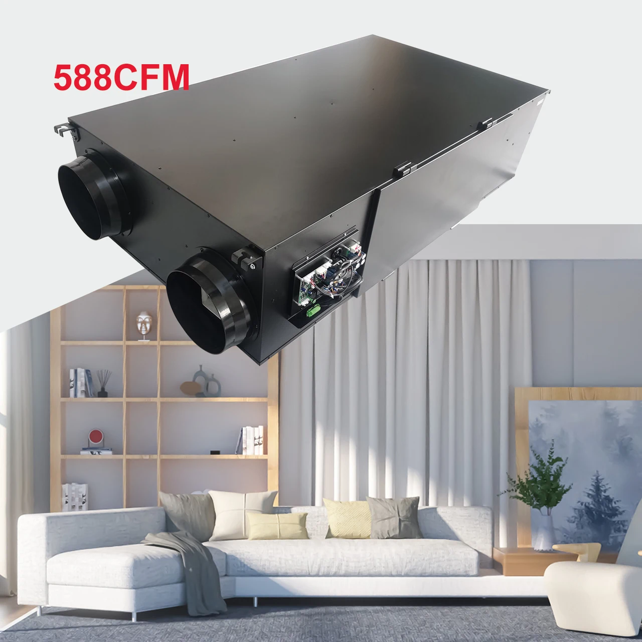 Sistema di ventilazione a recupero energetico 1000CMH montato a soffitto con filtro HEPA a recupero di calore per porta laterale e sensore di CO2