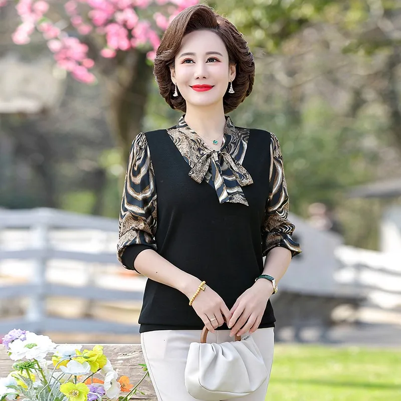 Female Clothing Printed Bowtie collar Shirt Bandage Spring Autumn New  Patchwork long sleeves Blouse