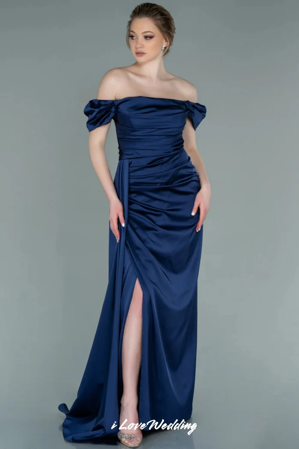 

Navy Blue Off the Shoulder Evening Dresses 2025 Satin Pleated Backless Mermaid Split Prom Dress Wedding Party Dresses Customized