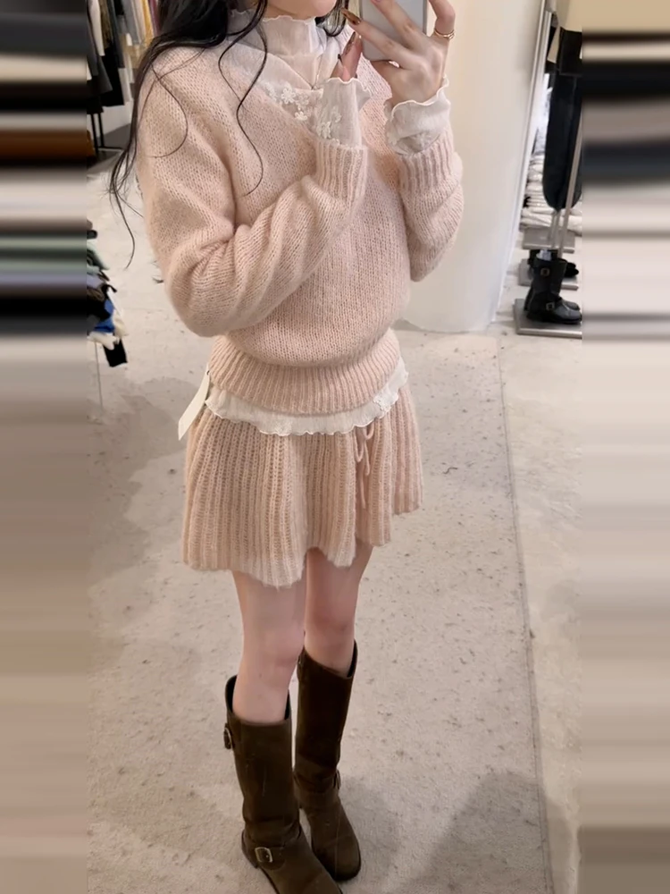 

Розовый вязаный комплект Dr And Sweater с застежкой на талии, осенне-зимняя юбка с высокой талией, повседневная одежда Miu Sle для женщин