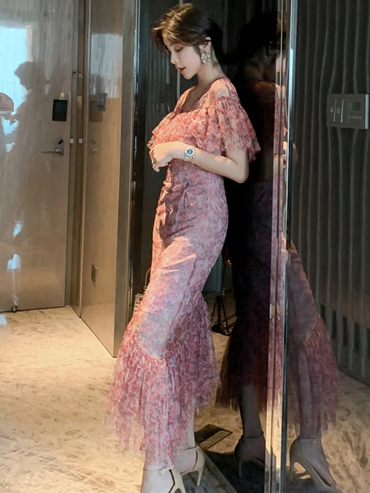 ภาษาฝรั่งเศสคําโรแมนติกวันหยุดชุดผู้หญิง Gentle Elegant Sheer ตาข่ายเดี่ยว Ruffles Fishtail Robe Beach Party วันที่ Vestidos