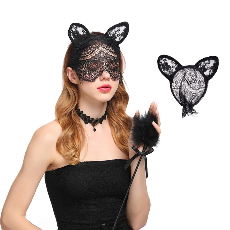 Lace Cat Ears Veil Headbands Black Hairbands Eye Mask Anime Cat Girl Cosplay Hair Accessories For Women Girls Christmas