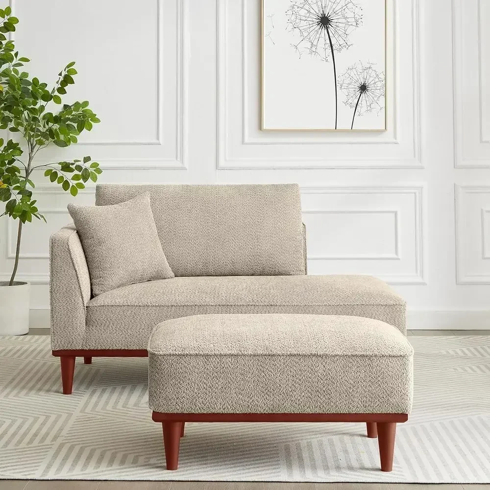 Indoor Upholstered Camel Boucle Chaise Lounge with Ottoman for Living Room and Bedroom Relaxation