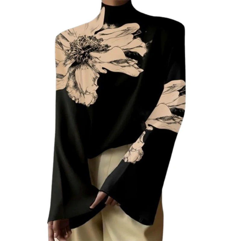 2024 New Women Flower Print High Neck Tops Spring Autumn Long Flared Sleeve Loose Casual Fashion T-Shirts Female Clothes