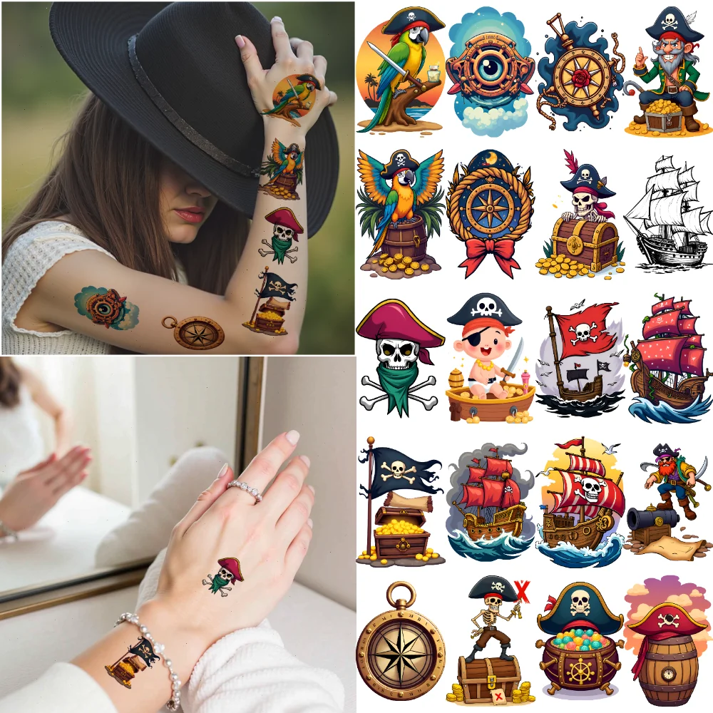 

54 шт., временная татуировка, пиратская шляпа, водонепроницаемые долговечные наклейки на тело, пиратский череп, компас, мультяшный попугай для щек, взрослых