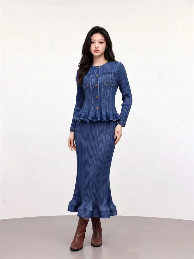 Miyake Pleated Women Dark Gray Blue Ribbed Two Piece Set, Button Front Peplum Top Long Skirt, Vertical Texture Outfit