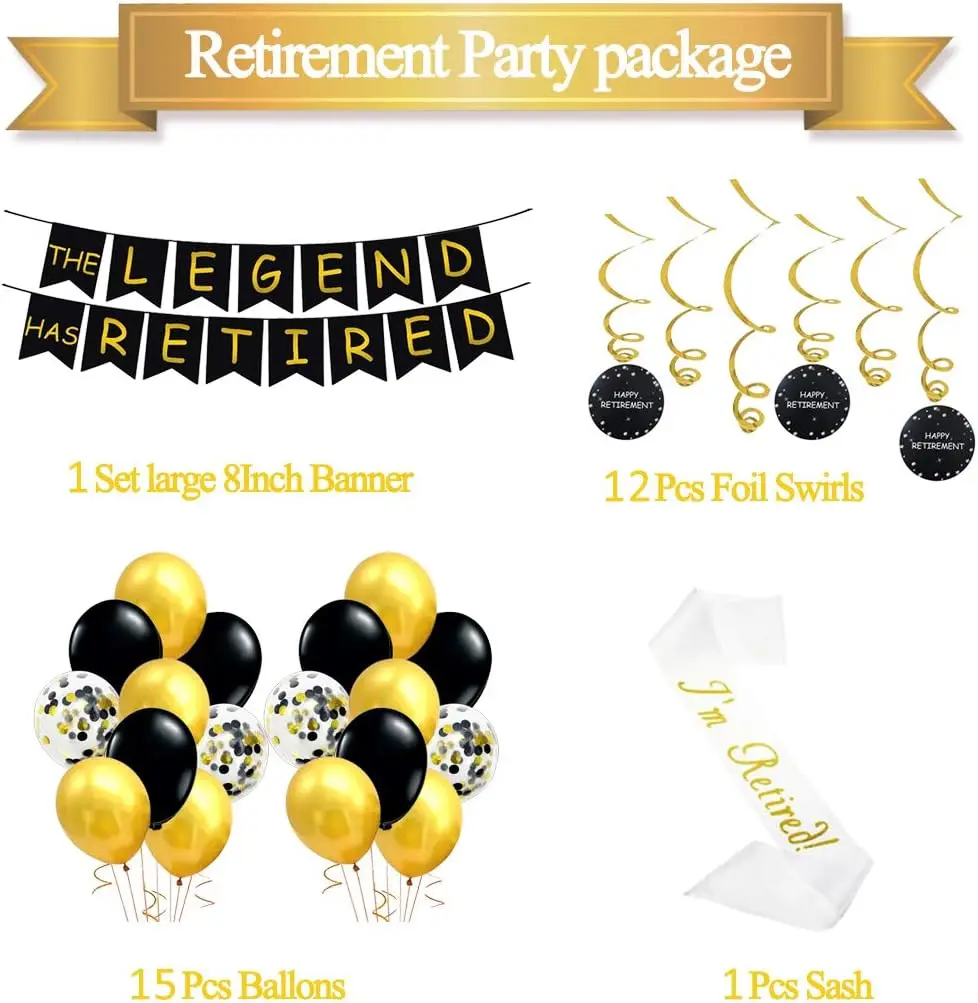 Retirement Party Decorations Black and Gold The Legend Has Retired Banner Hanging Swirl I'm Retired Sash Retirement Supplies