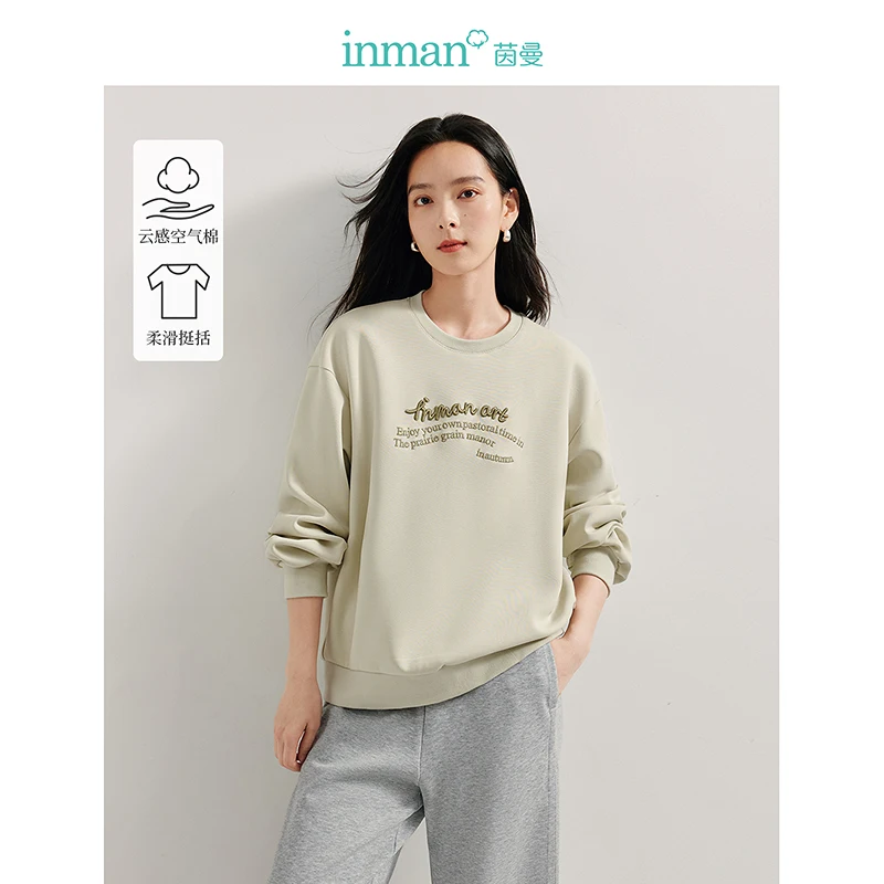 INMAN Women's sweatshirts air layer long sleeve embroidery 2024 autumn hoodie round neck loose pullover tops