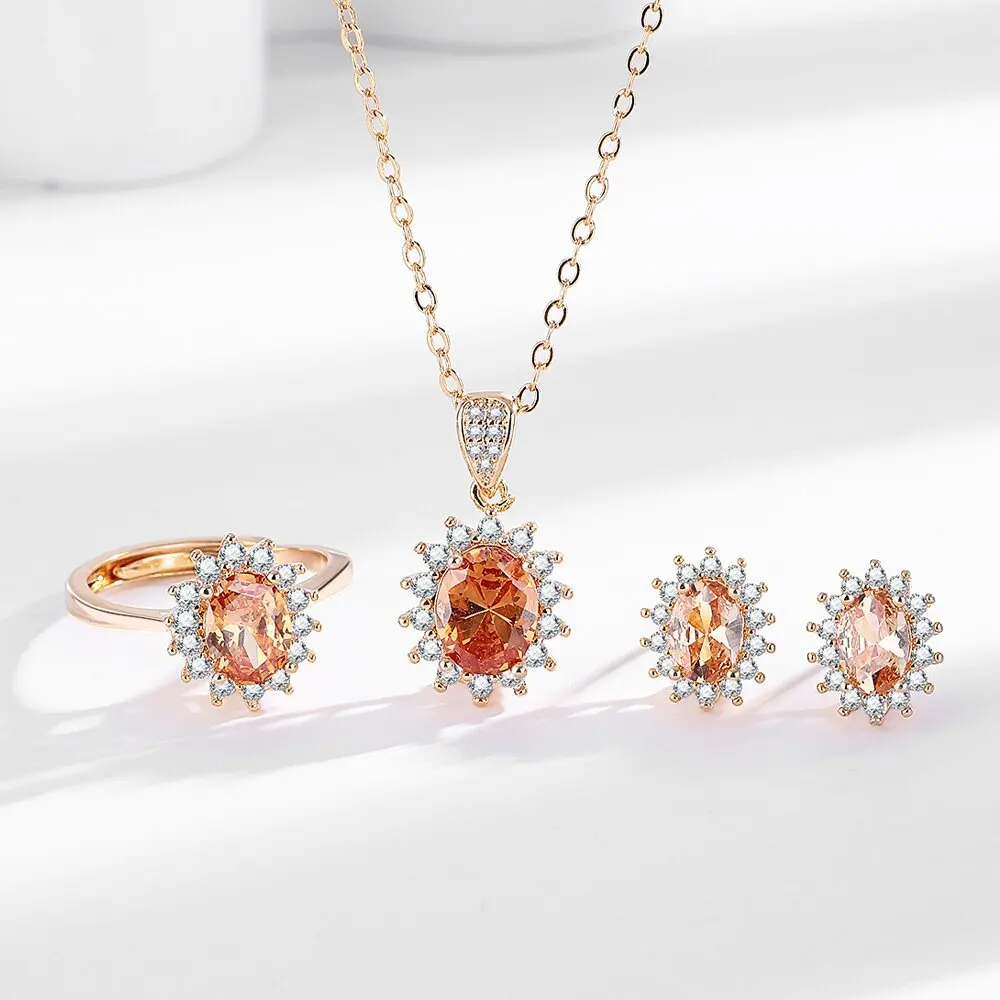 

Luxury 925 sterling silver hot selling champagne gold necklace earrings ring jewelry set full diamond three-piece set