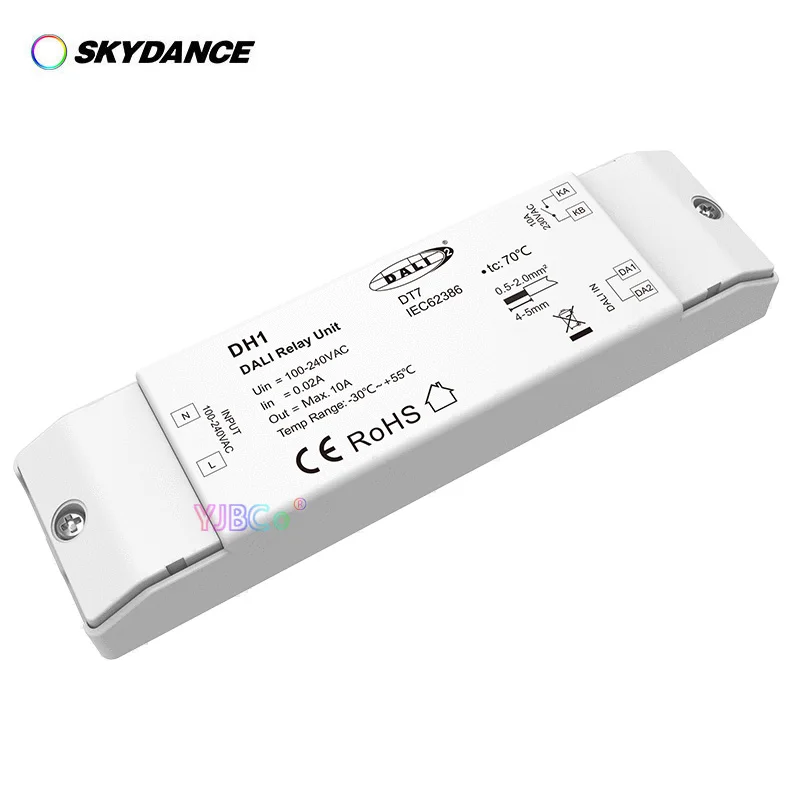 

Skydance 110V 220VAC 1CH*10A DT7 DALI AC Relay Unit DH1 High-inrush specification relays 10A resistive load (incandescent lamp)