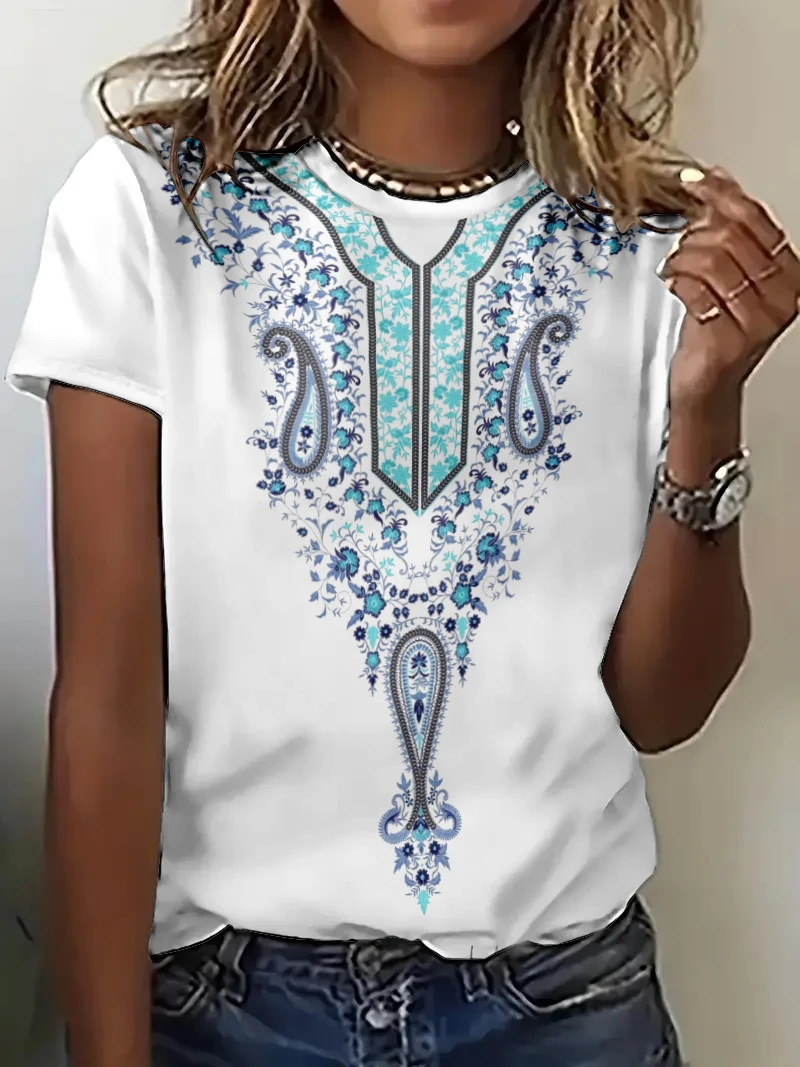 

Женская футболка с круглым вырезом, Повседневная Свободная футболка в винтажном этническом стиле с коротким рукавом и 3D-принтом, Новинка лета 2024
