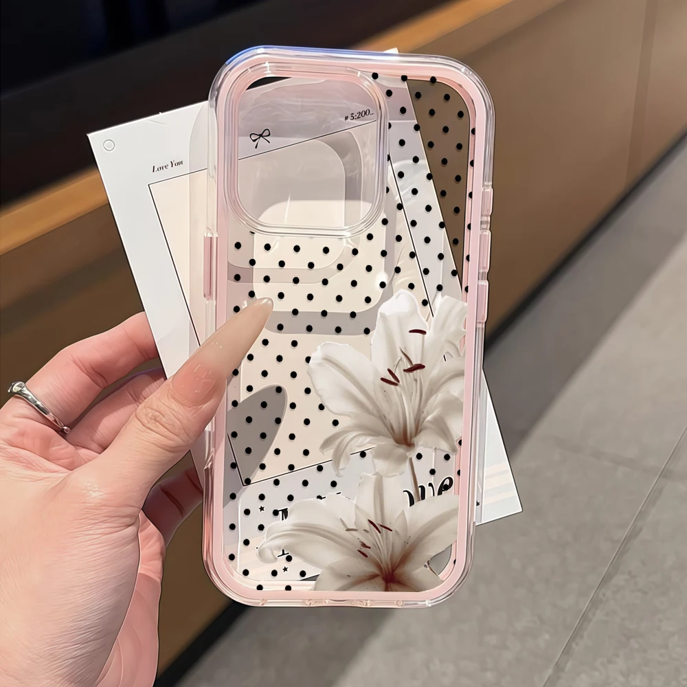 Polka Dot Lily Flower Transparent 2in1 Phone Cases For iPhone 11 12 13 14 15 16 17 Pro Max Plus 17 Air XR Clear Shockproof Cover
