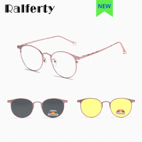 Ralferty 3 In 1 Clip On Sunglasses Women Polarized Magnet Sun Glasses Men Night Vision Driver Eyepiece Round Eyeglasses Frame