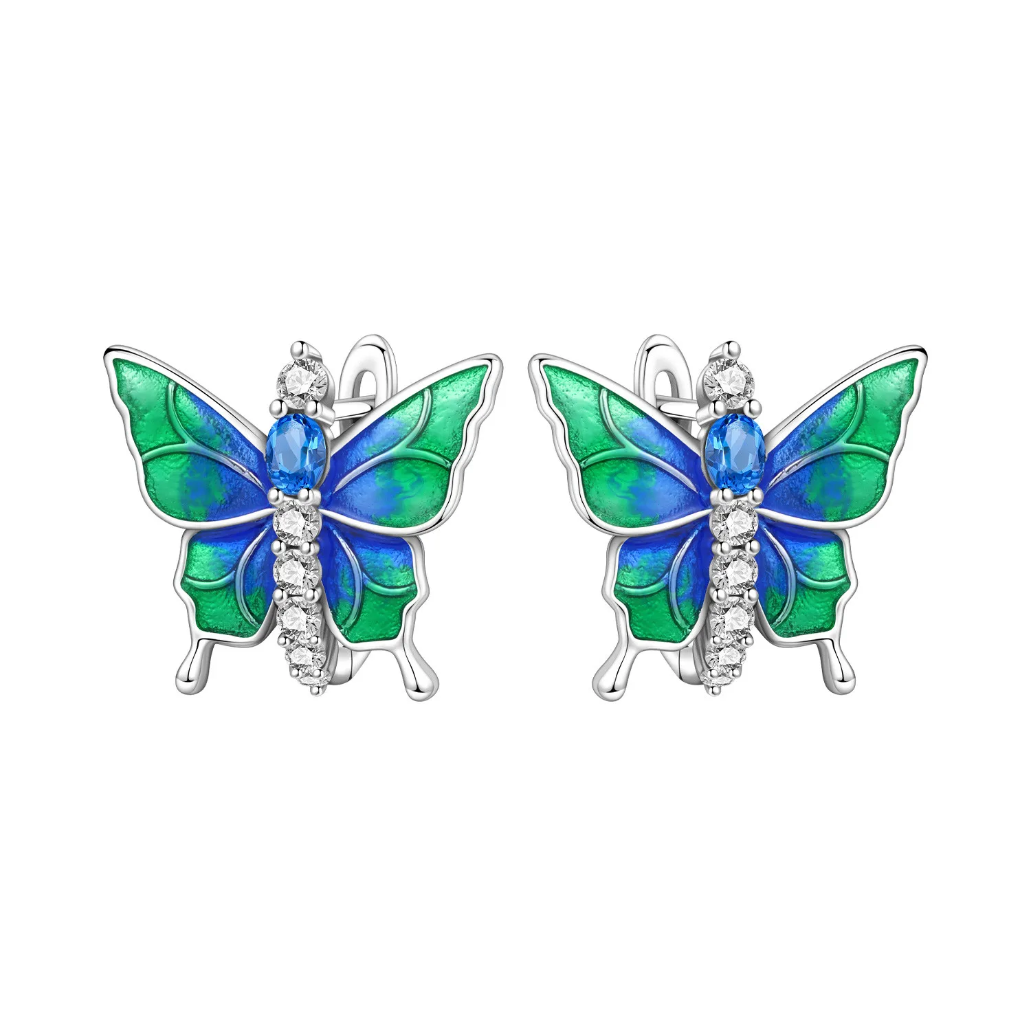 PANPOKI S925 Sterling Silver Blue Green Butterfly Earring Hoop Earring Women Jewelry Original Trendy Anniversary Gifts
