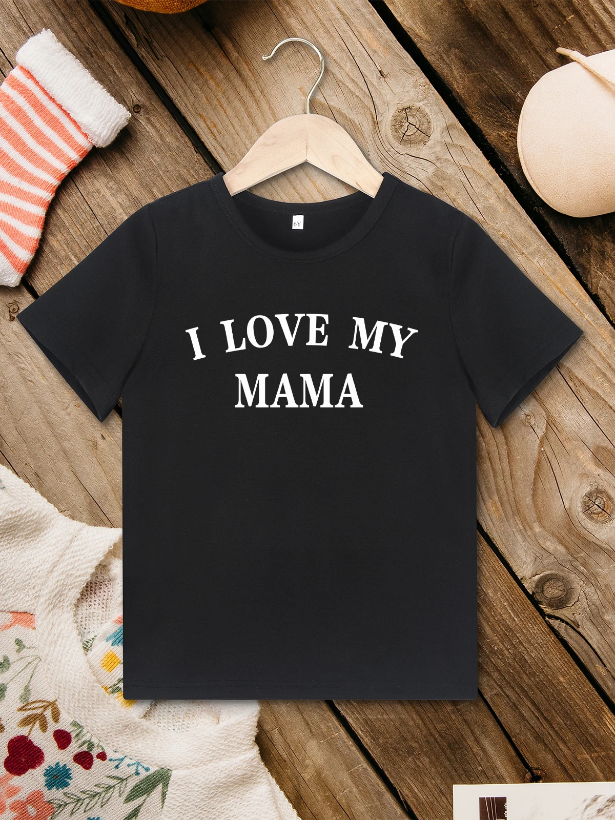 I LOVE MY MAMA Letter Print T-shirt Simple Style Black O-neck Basic Tops Summer Home Shirt 3 to 7 Year Kids Clothes Dropshipping