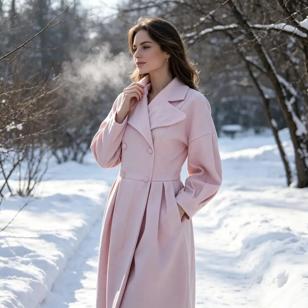 Warm Trench Coat Women Long Wool Coat for Fall Winter Lantern Sleeve Overcoat with Notch Lapel Double Breasted Trench Coat