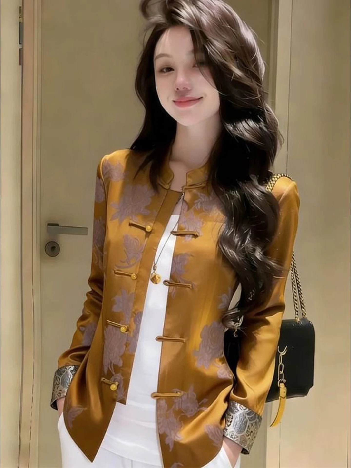 New Chinese Style Women's Long Sleeve Stand Collar Jacket Autumn Fashion Design High Quality Button up Top Anti Wrinkle Strai...