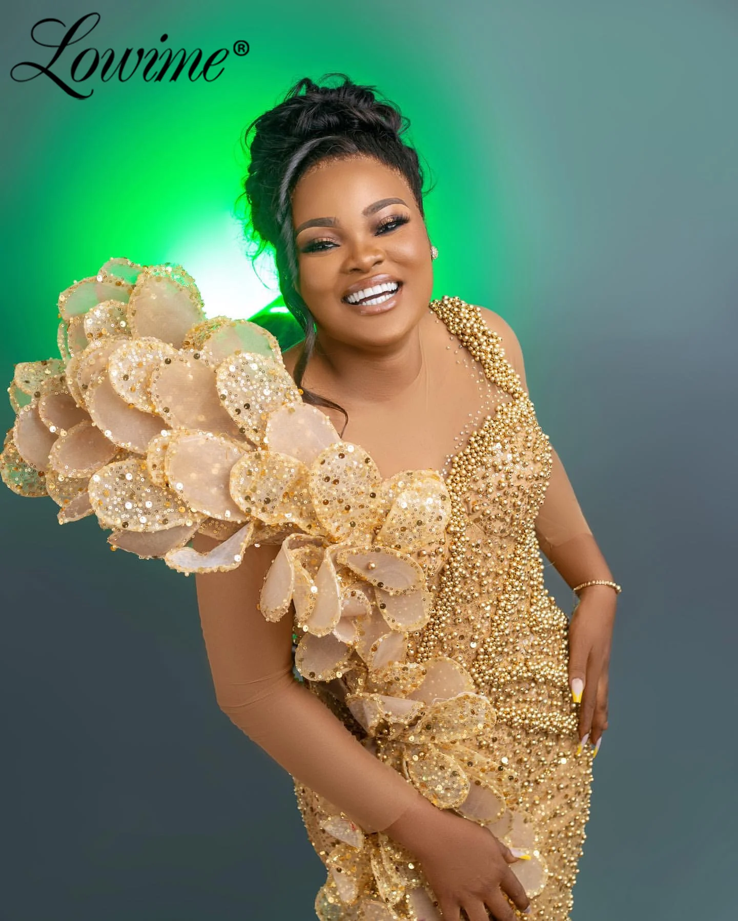 فستان حورية البحر الذهبي للحفلات الراقصة بأكمام طويلة مزين بالزهور وحفلات الاستقبال الثانية وأعياد الميلاد والخطوبة فساتين سهرة مخصصة