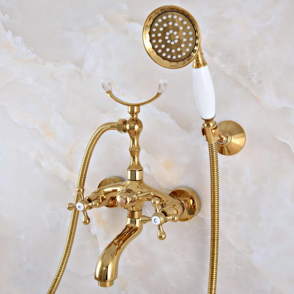 Luxury Gold Color Brass Wall Mounted Bathroom Bath Tub Faucet Set with 1500MM Hand Held Shower Spray Mixer Tap 2na948