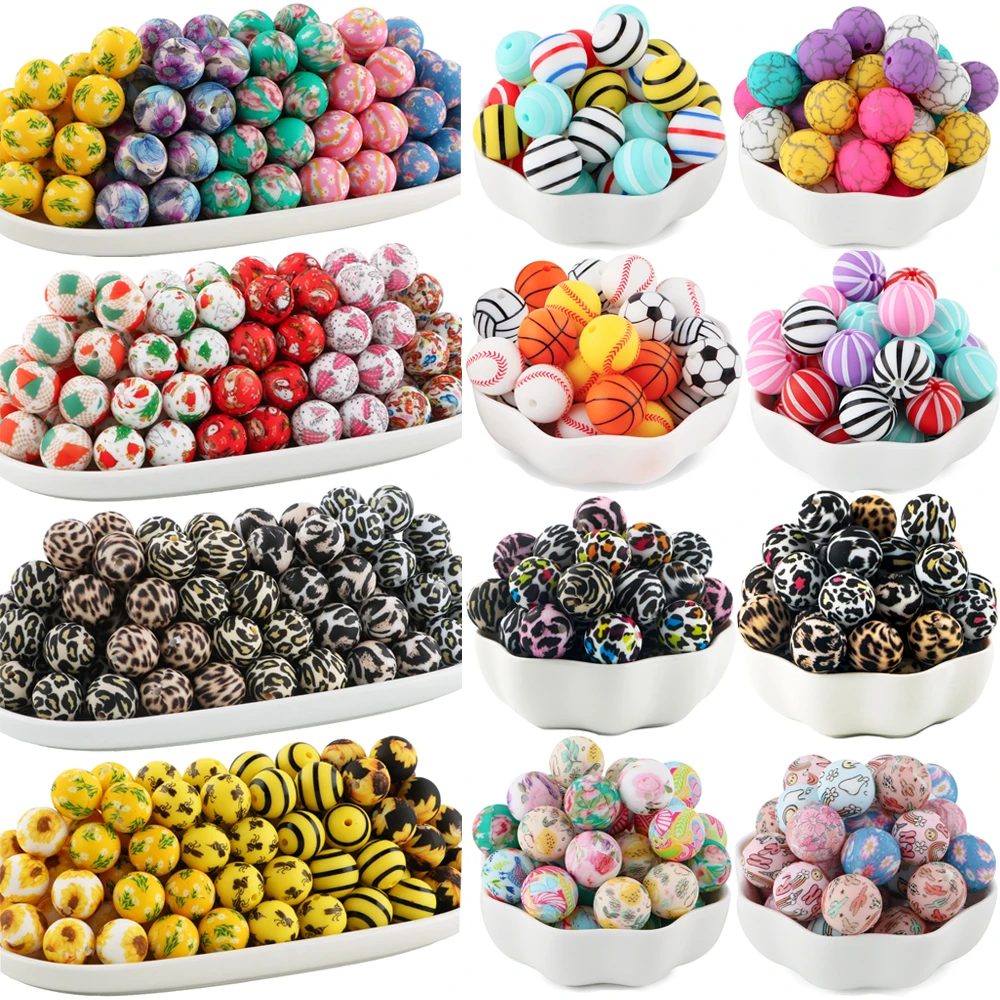 15Pcs/Lot 15mm Printing Silicone Round Beads Combination For Jewelry Making DIY Necklace Bracelet Earrings Jewelry Accessories