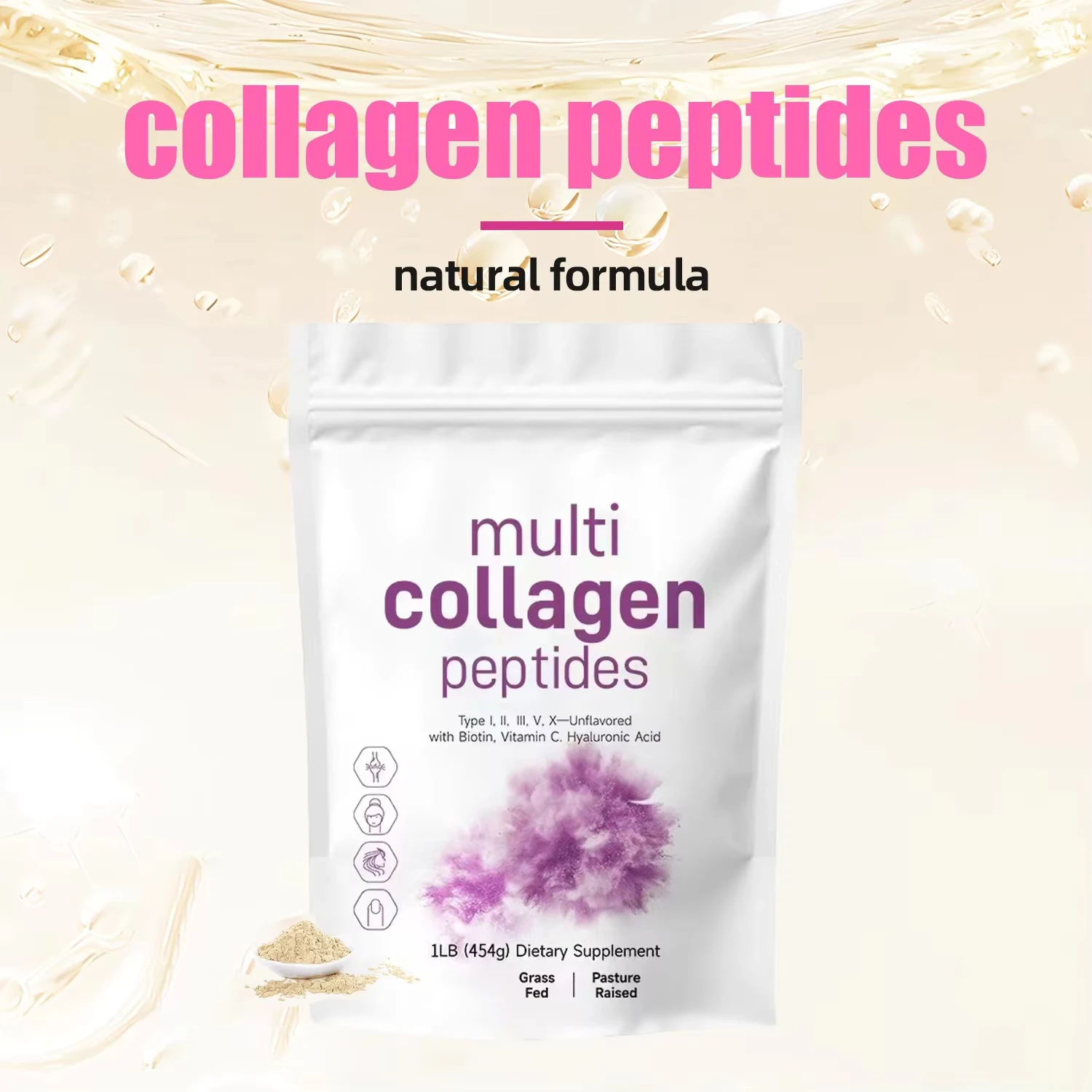 454G Multi Collagen Peptides Powder - Protein Supplement, Type I, II, III, V, X with Hyaluronic Acid, Vitamin C, Mixes in Drinks