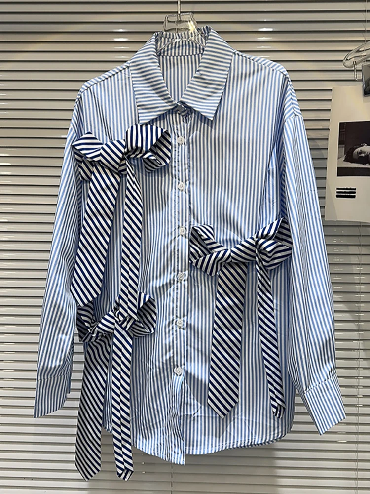 DEAT Women's Shirt Loose Patchwork Striped Bows Ribbons Loose Single Breasted Female Blouse 2024 Autumn New Fashion 29L8125