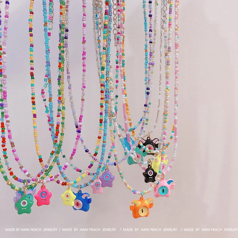 3 Sweet and cool wind contrasting color rice bead necklace dopamine one-eyed little monster collarbone chain niche neck chain