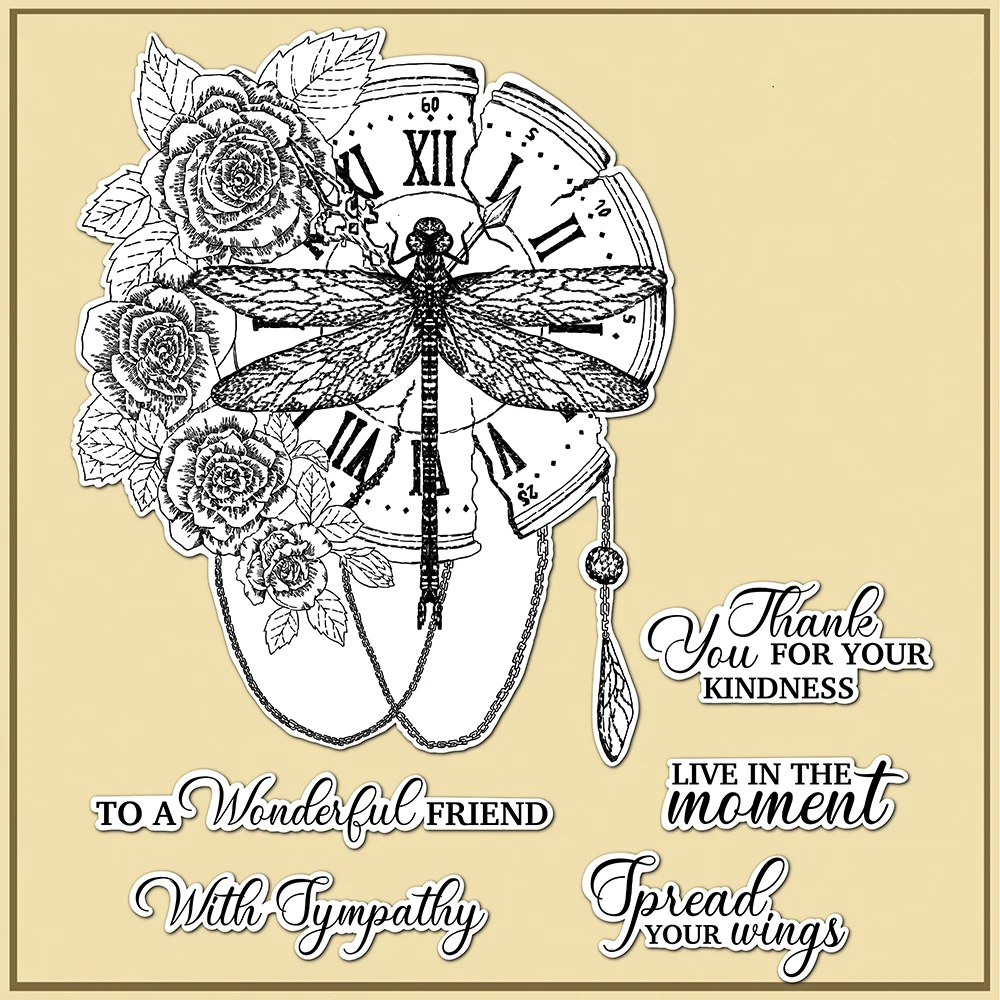 

MangoCraft Vintage Flower And Dragonfly Clock Clear Stamps For Decor DIY Scrapbooking Supplies Silicone Stamps For Cards Albums