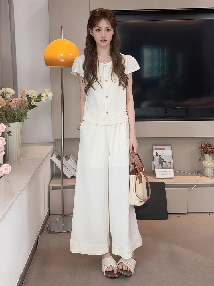 엘리 스몰 사이즈 여성 패션 세트 여름 2026 와이드 레그 팬츠 탑 투피스 구김 방지 폴리에스터 섬유 캐주얼 웨어