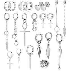 WKOUD 1 Pcs-21 Pcs Stainless Steel Men Ladies Huggie Hoop Earrings Set Cool Goth Punk Barbell Cricoid Dangle Earrings