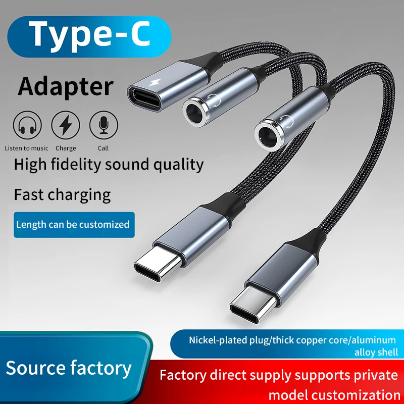 2in1 USB C to AUX 3.5mm Audio Cable PD60W Fast Charging Cable Type C to 3.5mm Aux Cable for Xiaomi Redmi Huawei Samsung Earphone