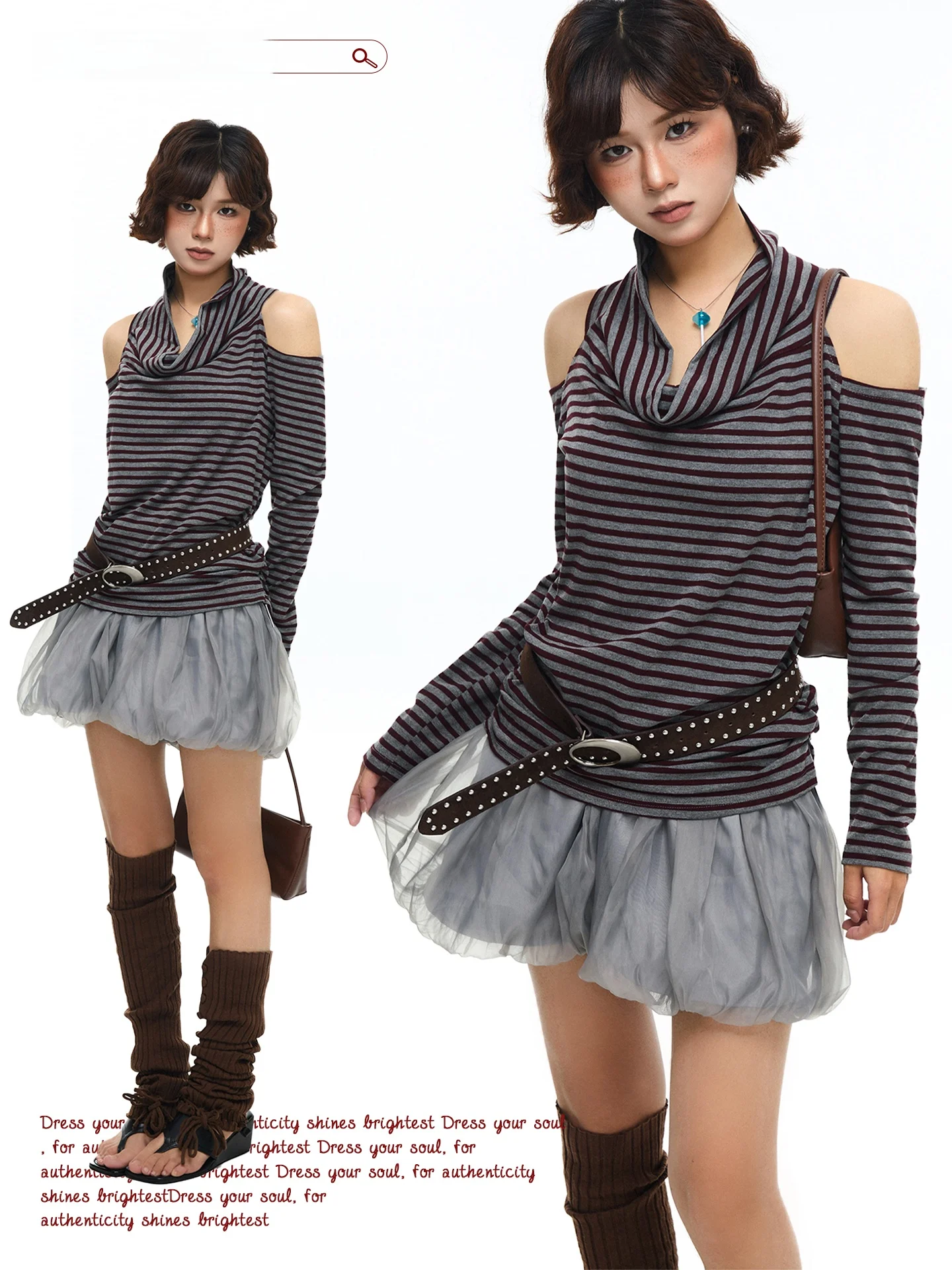 

Chen Zhanlao Store American Retro Striped oulder Bared Long Sve Women's T-irt Design Sensibili Versatile Ne Hanging