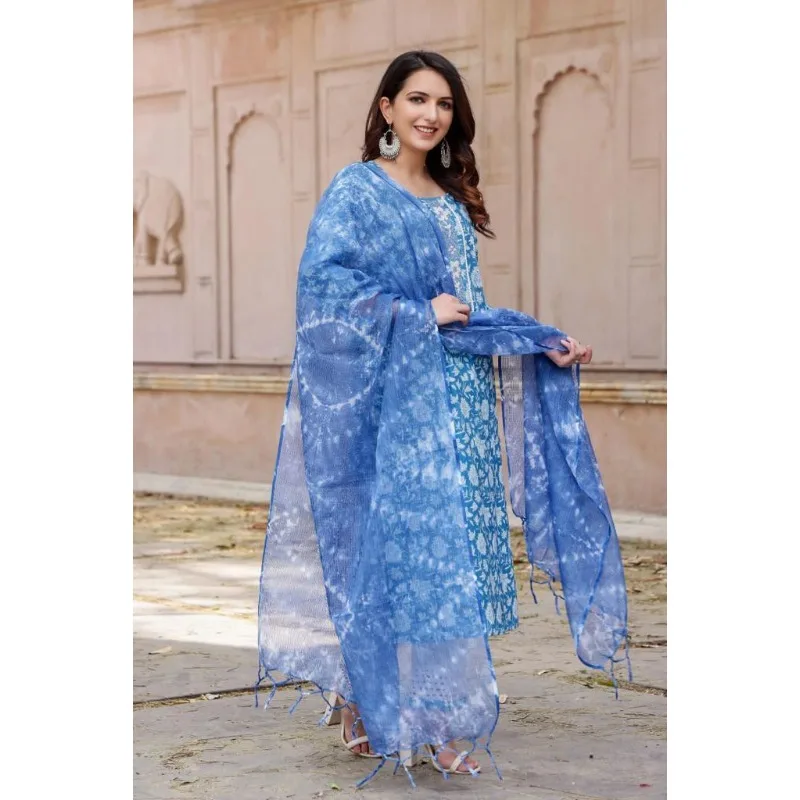 Casual Birthday Party Wear Printed Blue Straight Kurti Pant Dupatta for Women