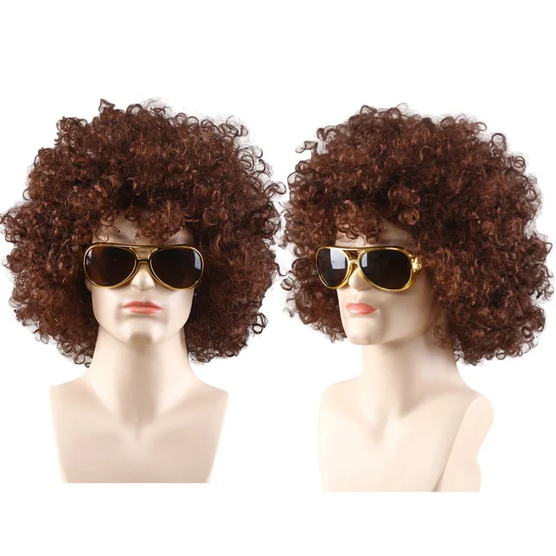 วิกผมสังเคราะห์แบบหยิกฟู หมวกคลุมผมสำหรับผู้ชาย สไตล์แอฟริกัน วิกผมปลอมสำหรับดิสโก้ ฮิปปี้ ร็อค ปาร์ตี้ ฮาโลวีน คอสเพลย์