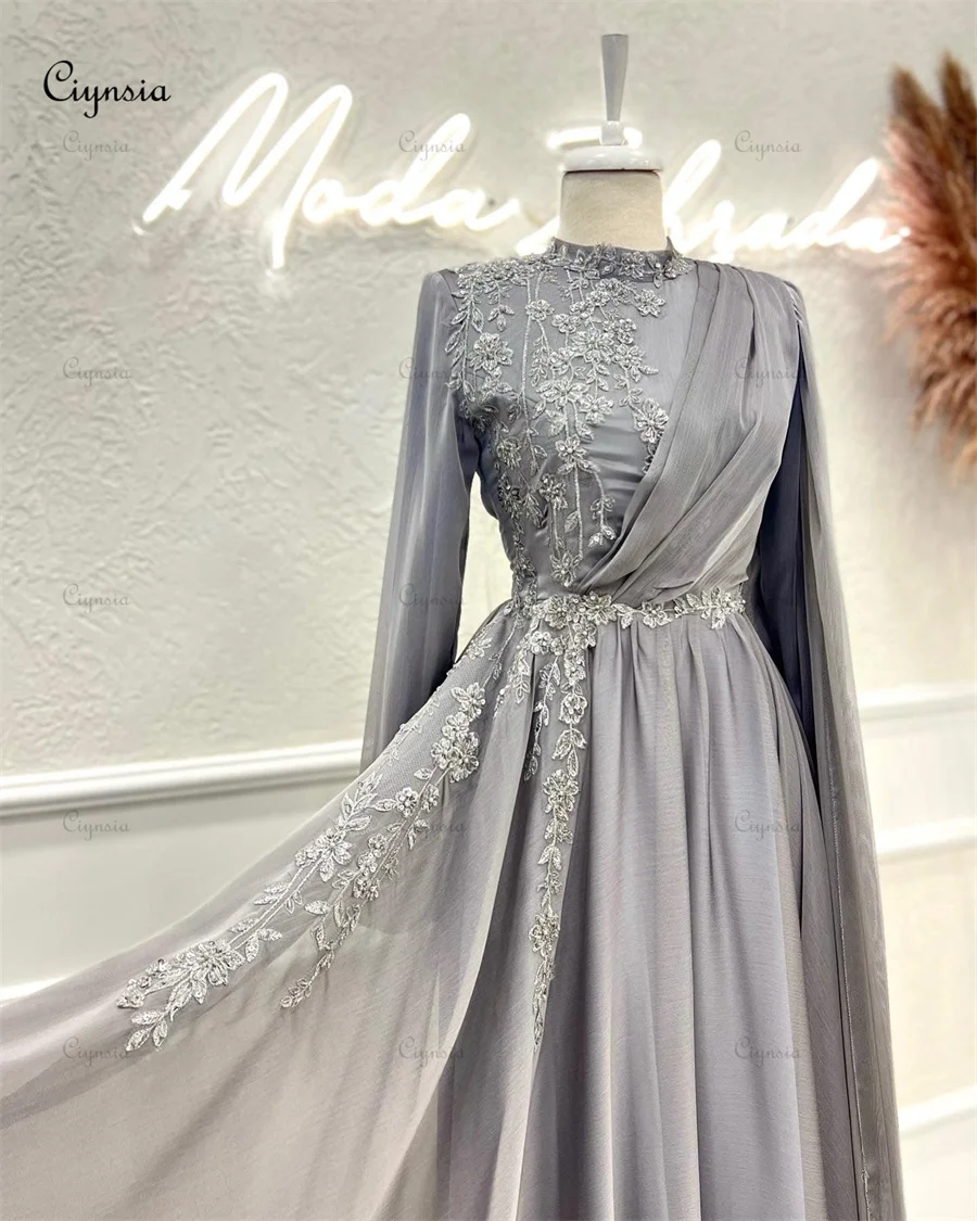 Ciynsia Gray Chiffon A-line Long Sleeve Evening Dresses Appliques Beads Lace High Neck Robes De Soirée Women Formal Party Gowns