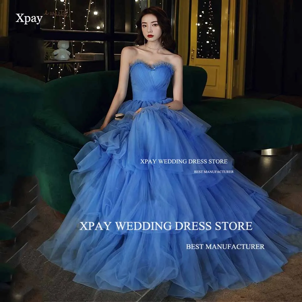 

XPAY Sweetheart Blue Korea Wedding Party Dresses Beading Tiered Ruffles Tulle Evening Dresses Photos Shoot Formal Occasion Dress