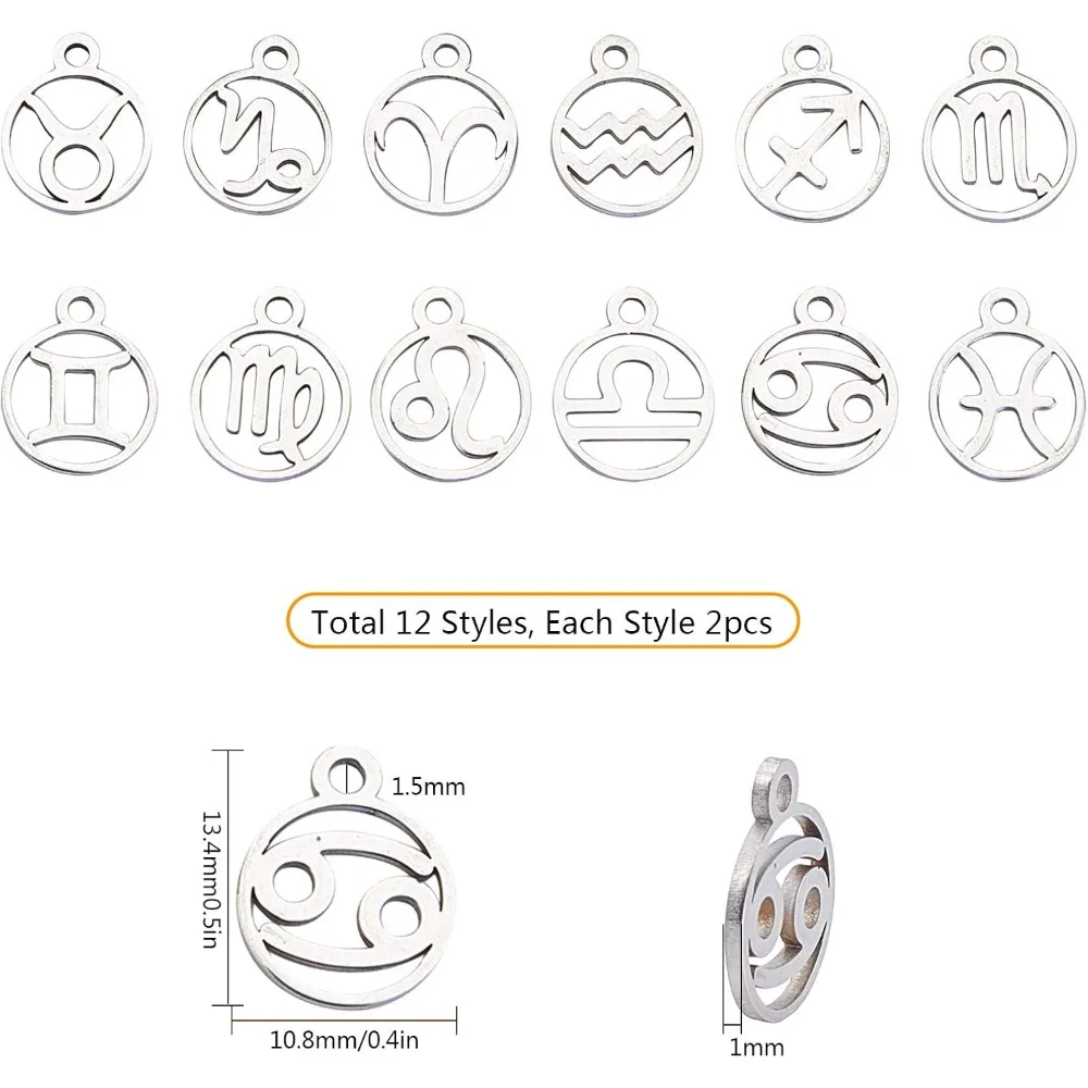 1 Box 24Pcs 12 Constellation Zodiac Signs Charms Flat Round Stainless Steel Charms for DIY Making Bracelets Necklaces