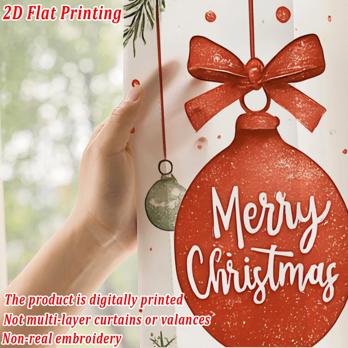 Christmas Flat Printing Sheer Curtain with Christmas Ball Snowflak Pine Branch for Living Room Bedroom Decor Holiday Party