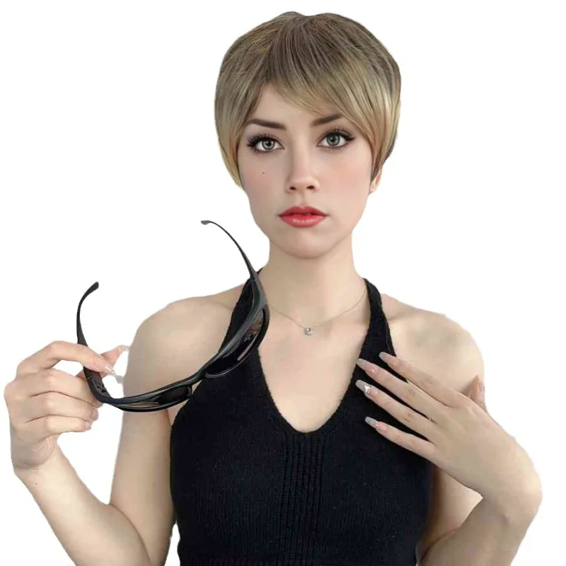 Fashionable Wig for Women with Slanted Bangs Exposed Ears Short Hair Full Top Headband Y2K Style Headgear Cool Goledn Wig