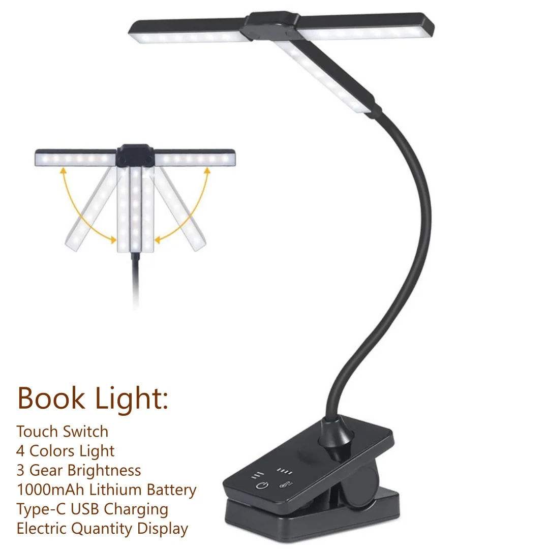 3 Head Clip Reading Light with 4 Color Adjustable Brightness, 1000mAh USB Rechargeable Flexible Hose Music Clip Lamp, Desk Light