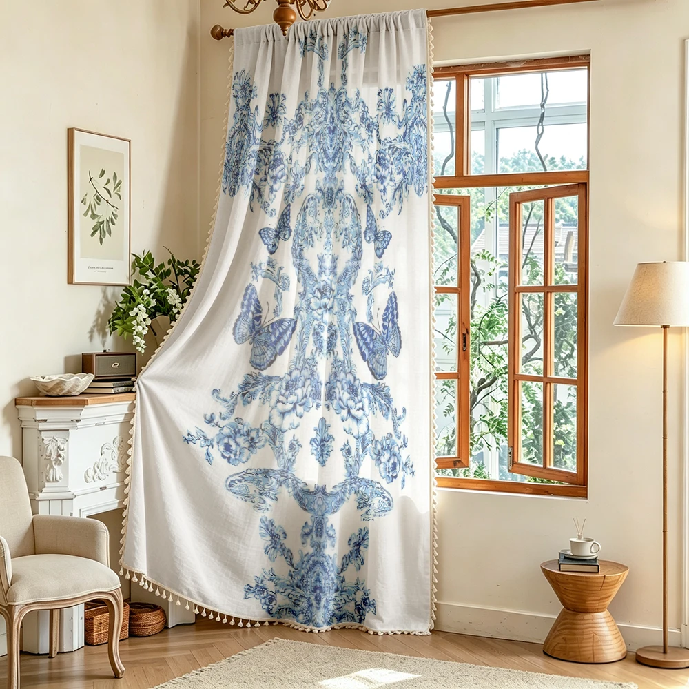 1PC Vintage Tassel Sheer Curtains, Blue Butterfly Floral, Digital Print, Polyester, Bedroom Living Room, Rod Pocket, Home Decor