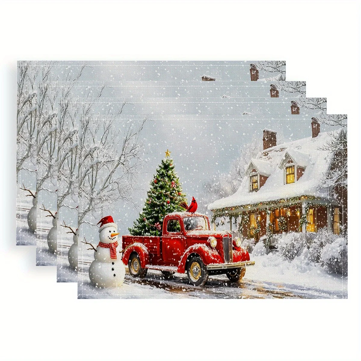 Snowy and Snowman 4pcs Placemat with Christmas and Winter Atmosphere Polyester Fabric, Digital Printing, Placemat