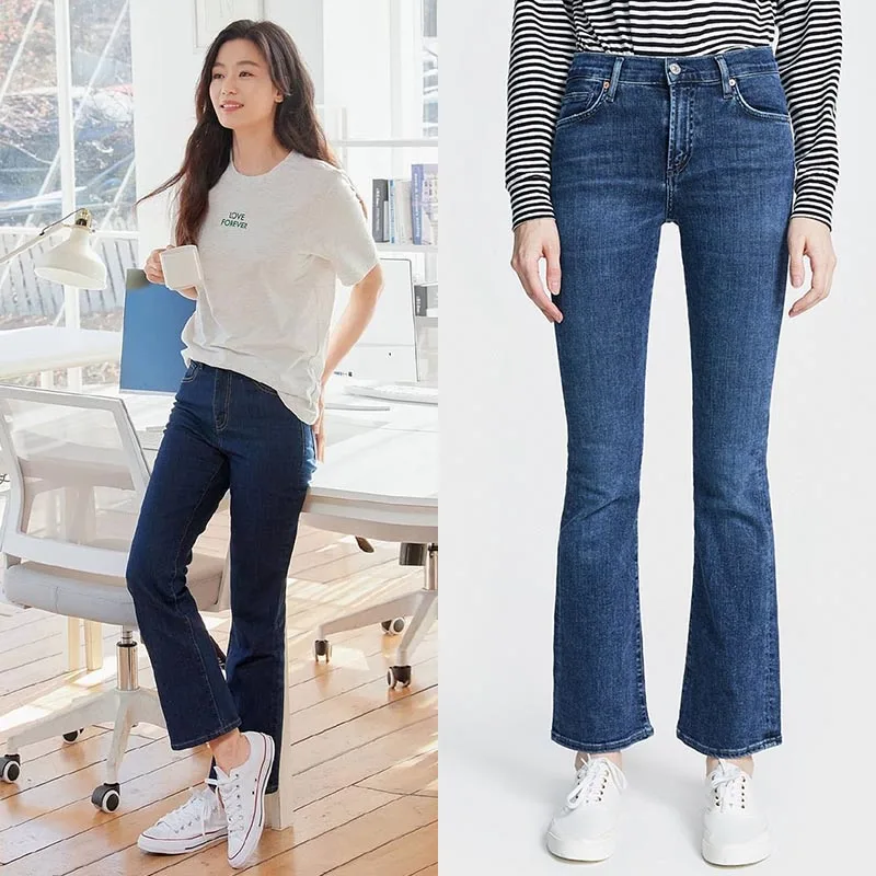 

Женские джинсы-клеш с высокой талией, эластичные, утягивающие, темно-синие, с эффектом подтяжки ягодиц, укороченные, из денима, осенние, хлопковые