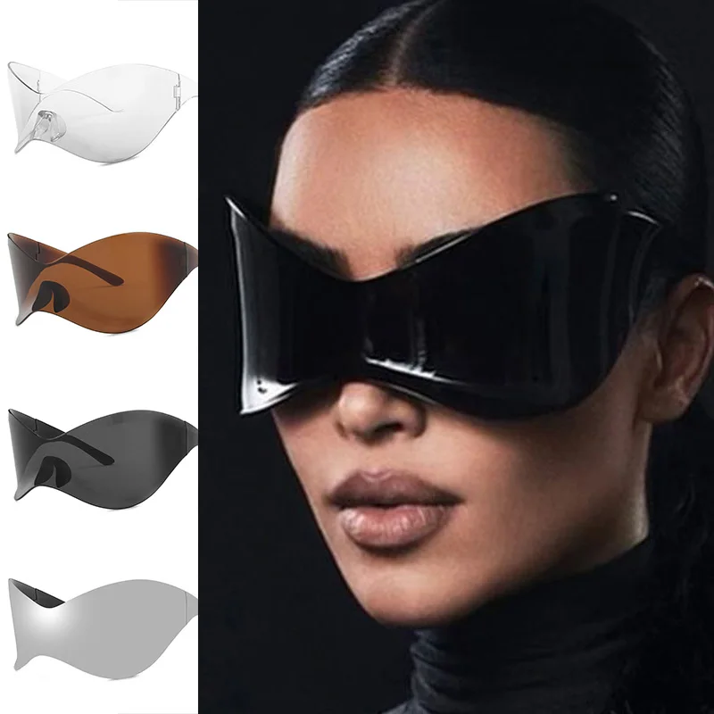 1/2Pcs Set Futuristic Oversized Sunglasses Y2k Wrap Around Fashion Shield Mask Cool Sun Glasses Ladies Shades for Men Women