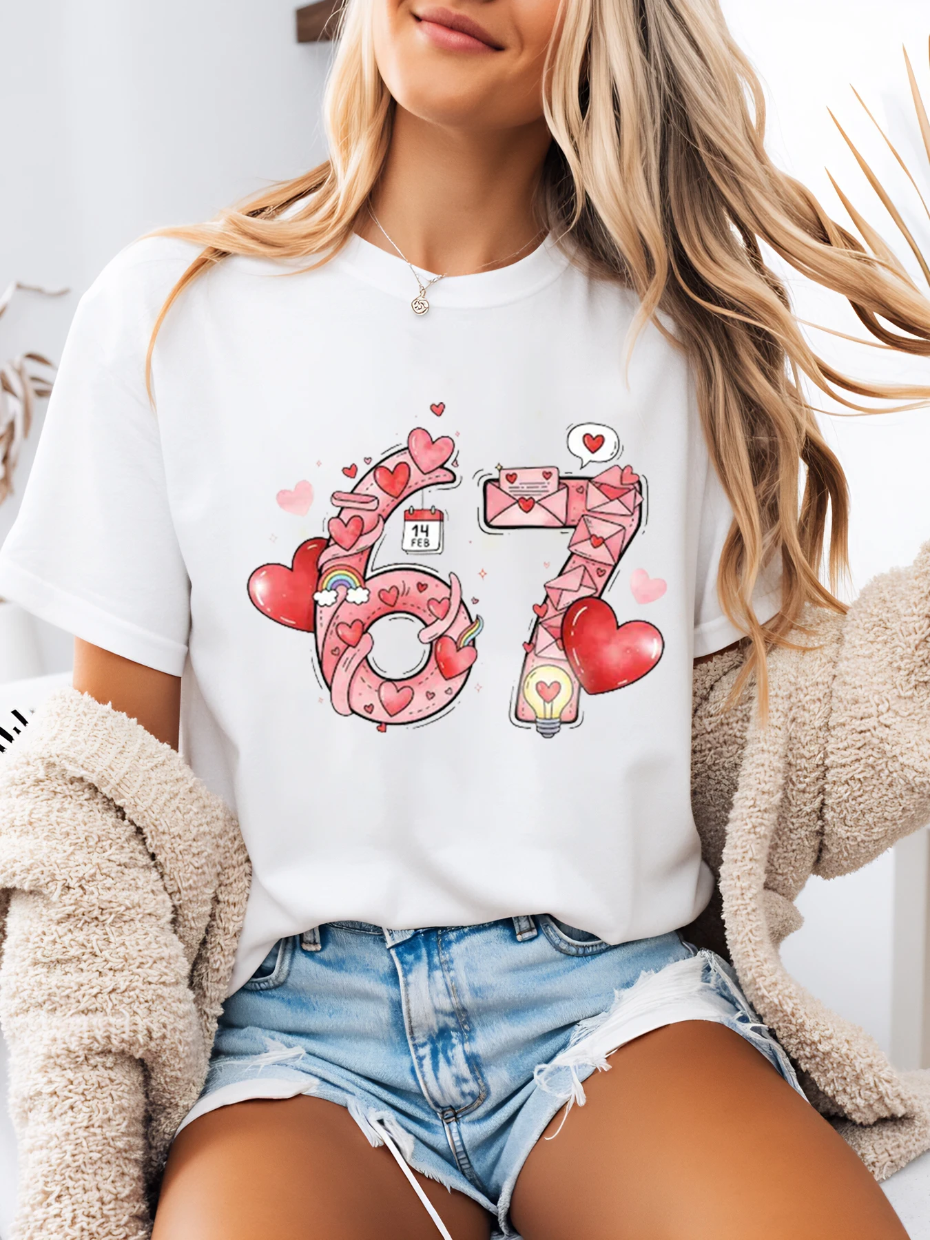 

Love Number 67 Valentine's Day Print T-Shirt Women Casual Outfit Romantic Style White Plus-Size