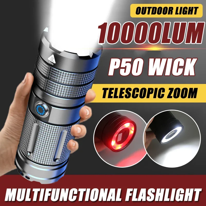 P50 LED Flashlight 9 Modes USB Rechargeable Zoom Portable Emergency Light